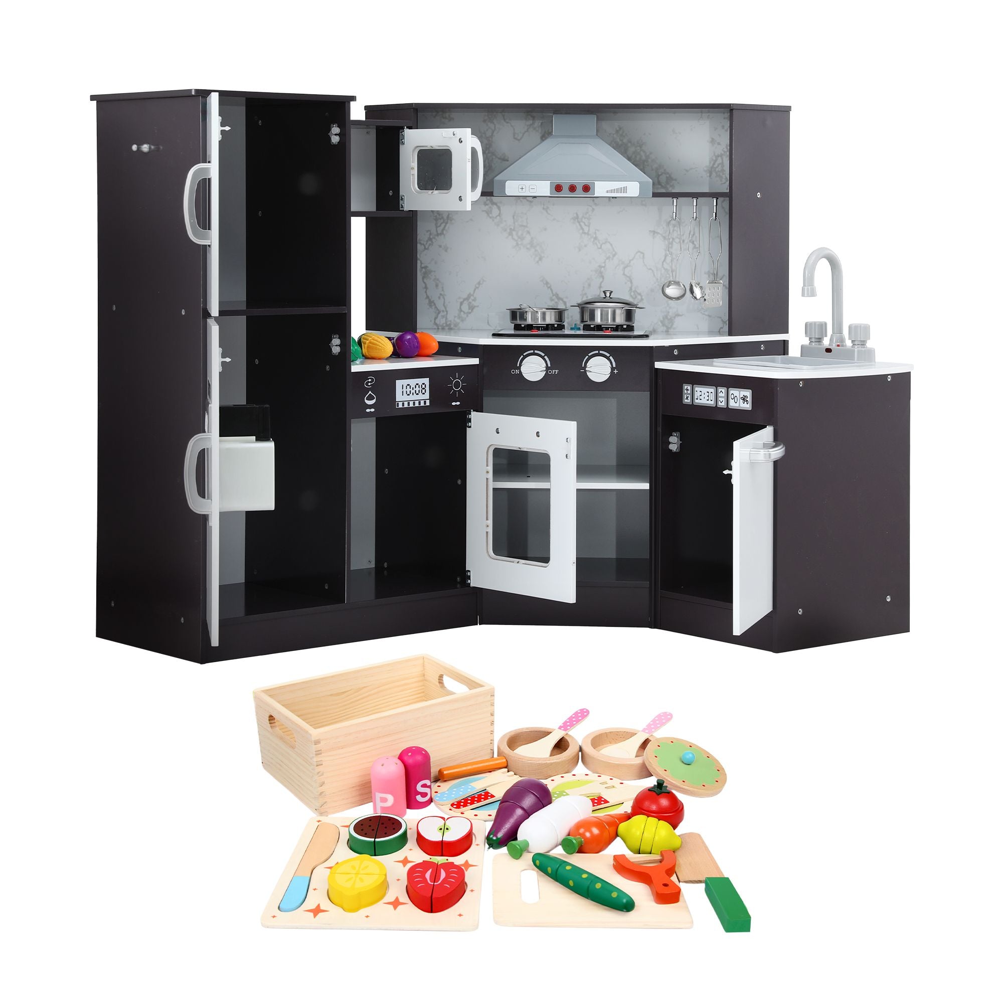 Keezi Kids Wooden Kitchen Playset 29pc Food Set Black White