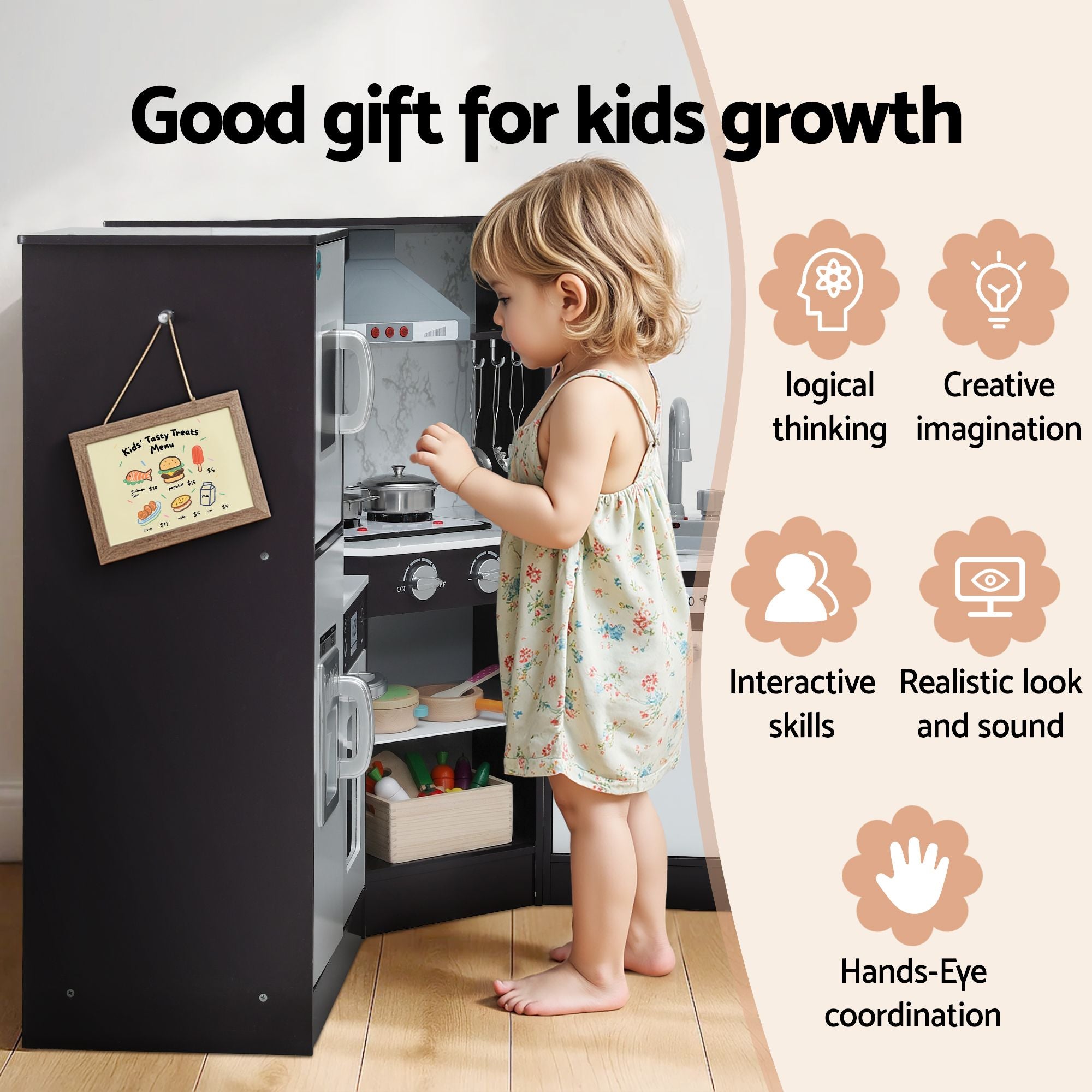 Keezi Kids Wooden Kitchen Playset 29pc Food Set Black White