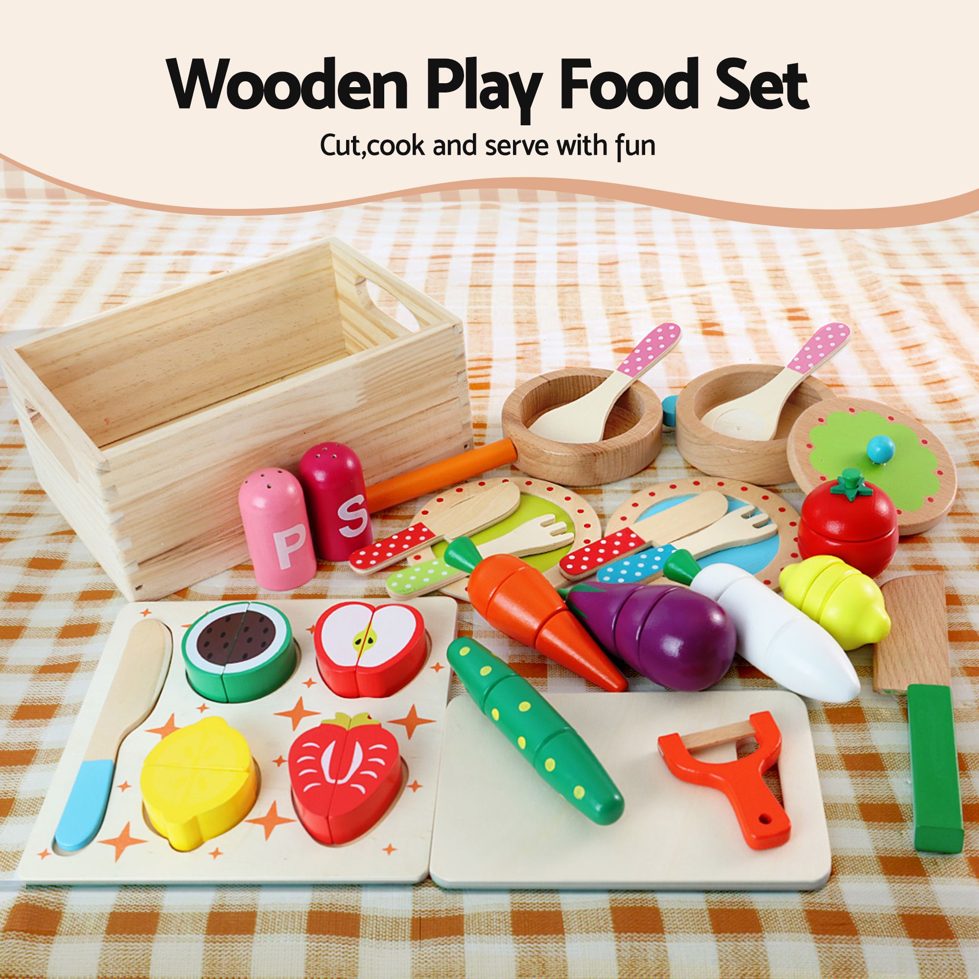 Keezi Kids Wooden Kitchen Playset 29pc Food Set Black White