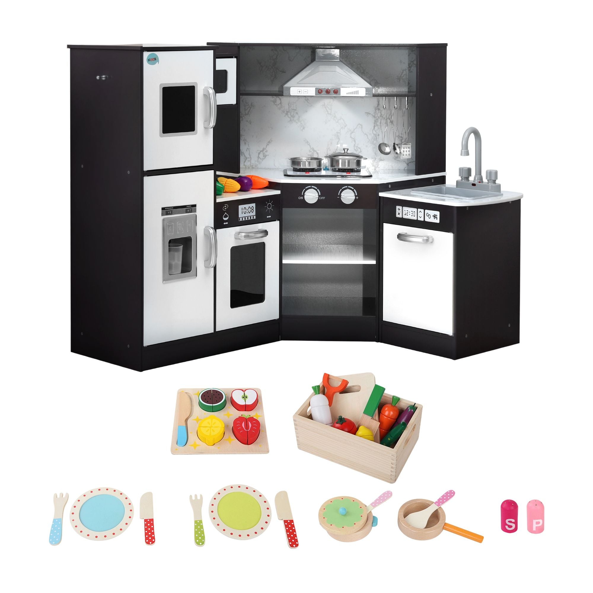 Keezi Kids Wooden Kitchen Playset 29pc Food Set Black White