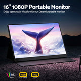 Computer Monitors & Accessories: Devanti Portable Monitor Laptop Extender USB C Travel Display 16 Inch Black