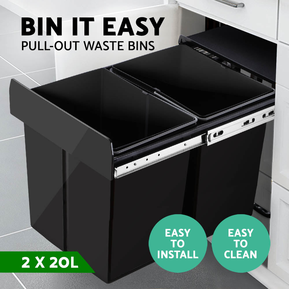 Pull Out Bins: Cefito Pull Out Bin Kitchen Double Basket 2X20L Black