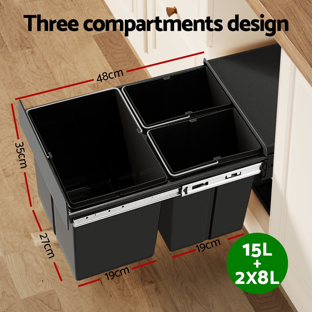 Pull Out Bins: Cefito Pull Out Bin Kitchen Triple Slide Garbage Rubbish Bins Basket Blcak 31L