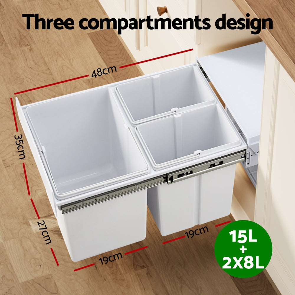 Pull Out Bins: Cefito Pull Out Bin Kitchen Triple Slide Garbage Rubbish Bins Basket White 31L