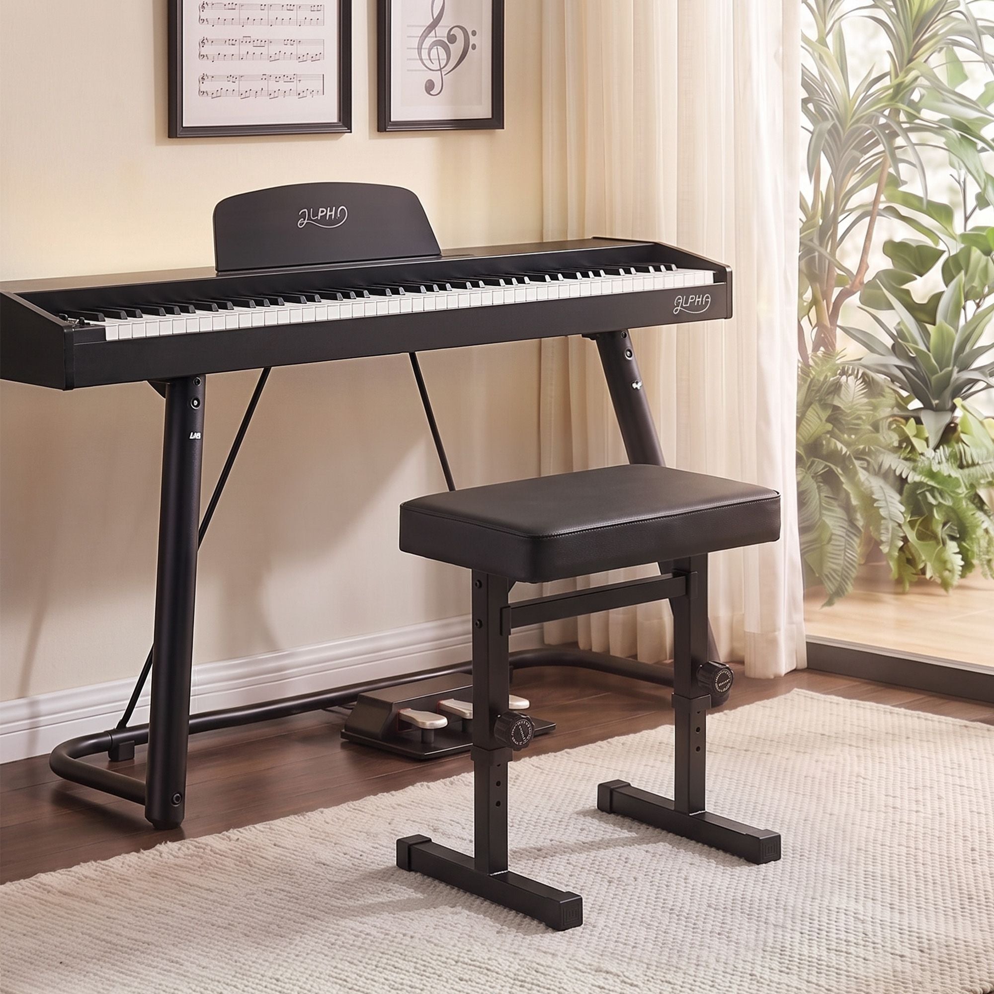 Alpha Piano Bench Adjustable Seat Heavy Duty H-Shape Piano Stool Black
