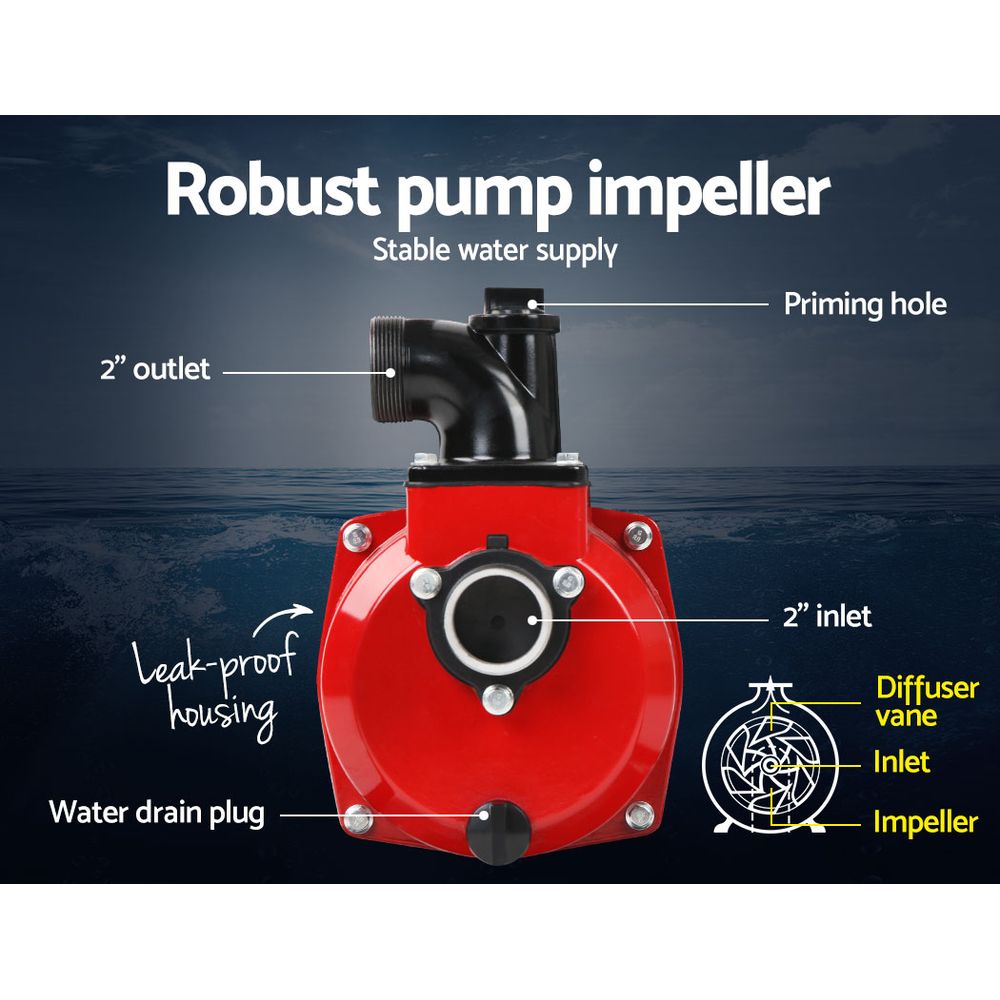 Irrigation Pumps: Giantz Petrol Water Pump 7HP Max, 2" High Flow 4-Stroke Engine Transfer Fire Fighting Pumps Rain Tank Oil Irrigation Garden Farm Pond Outdoor Irrigations, w Hose Fittings Inlet Filter Rubber Feet Red