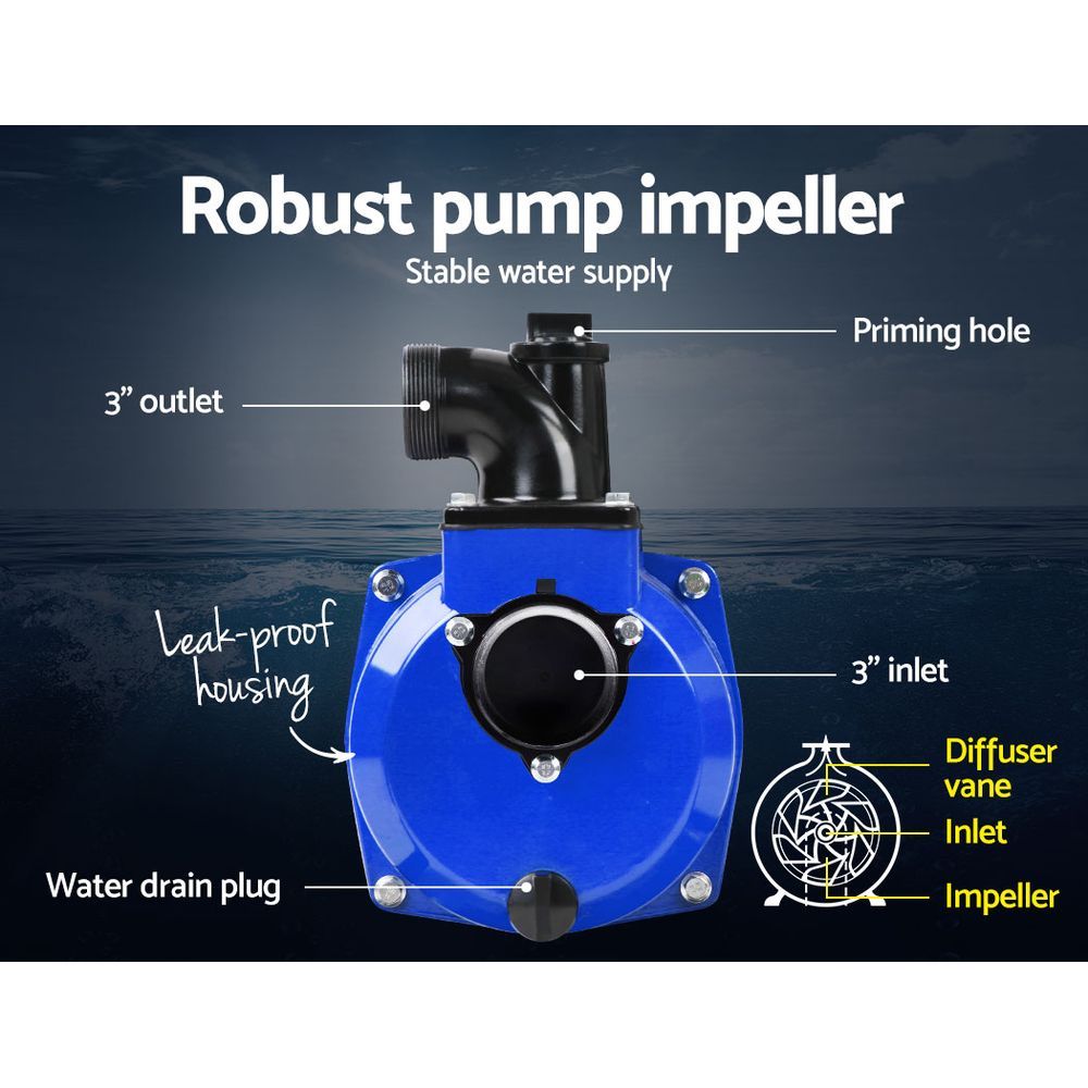 Irrigation Pumps: Giantz 3" Petrol Water Pump 7HP Max 4-Stroke 210cc High Flow 60,000L/H Max Transfer Engine, Fire Fighting Irrigation Rain Tank Pond Garden Farm, Includes Hose Fittings Inlet Filter & Rubber Feet, Blue