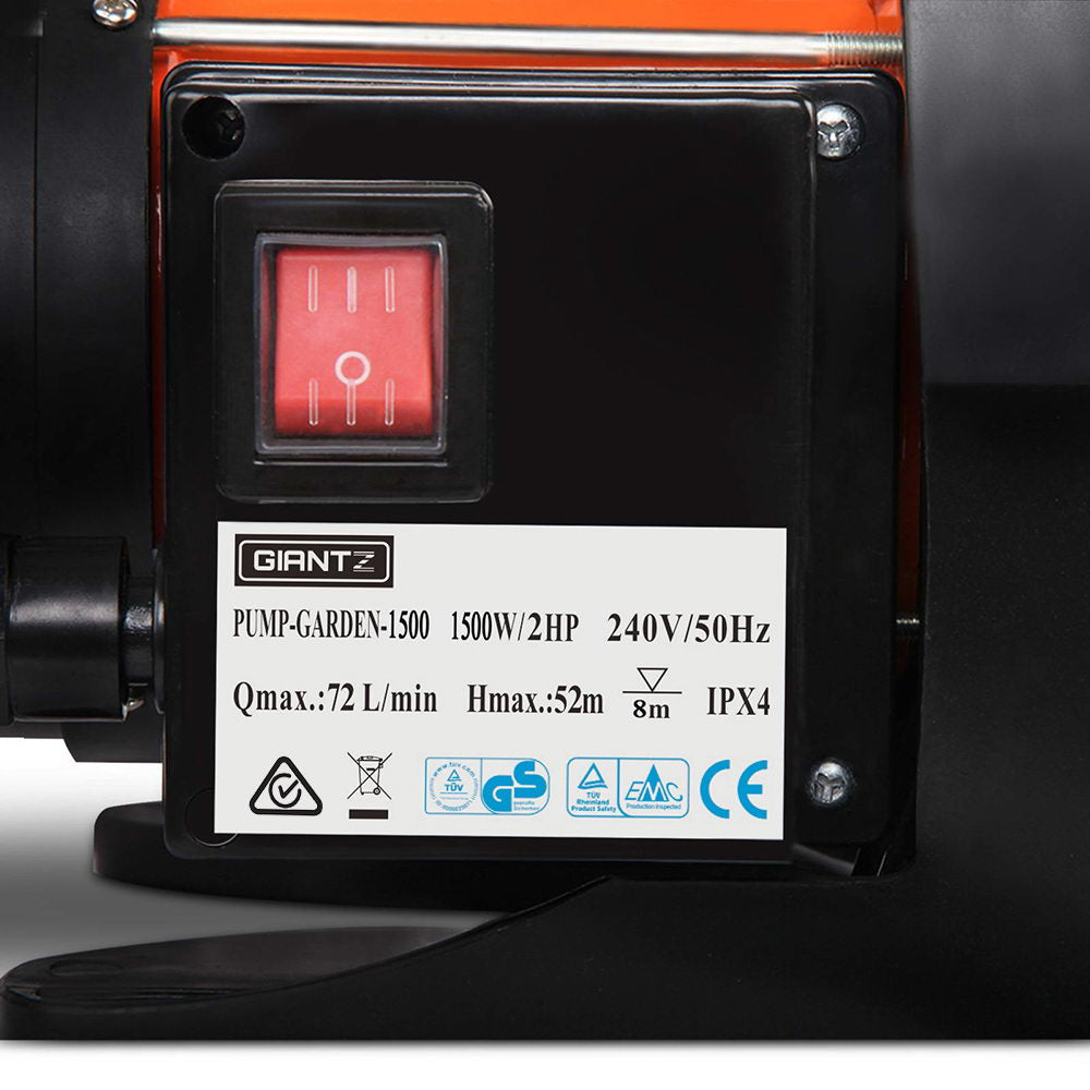 Irrigation Pumps: Giantz Garden Water Pump High Pressure 1500W Max. Tank Rain Farm Irrigation House