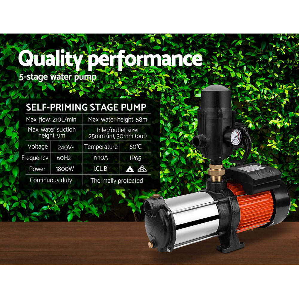 Irrigation Pumps: Giantz 1800W Max 5-Stage Garden Water Pump High Pressure Irrigation Booster Pump, Automatic Multi-Stage External Sprinkler Pump for Rainwater Tank Transfer, Home Farm Lawn, Black