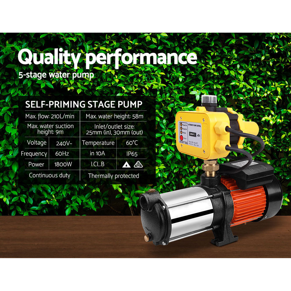 Irrigation Pumps: Giantz 1800W Max 5-Stage Garden Water Pump High Pressure Irrigation Booster Pump, Automatic Multi-Stage External Sprinkler Pump for Rainwater Tank Transfer, Home Farm Lawn, Yellow