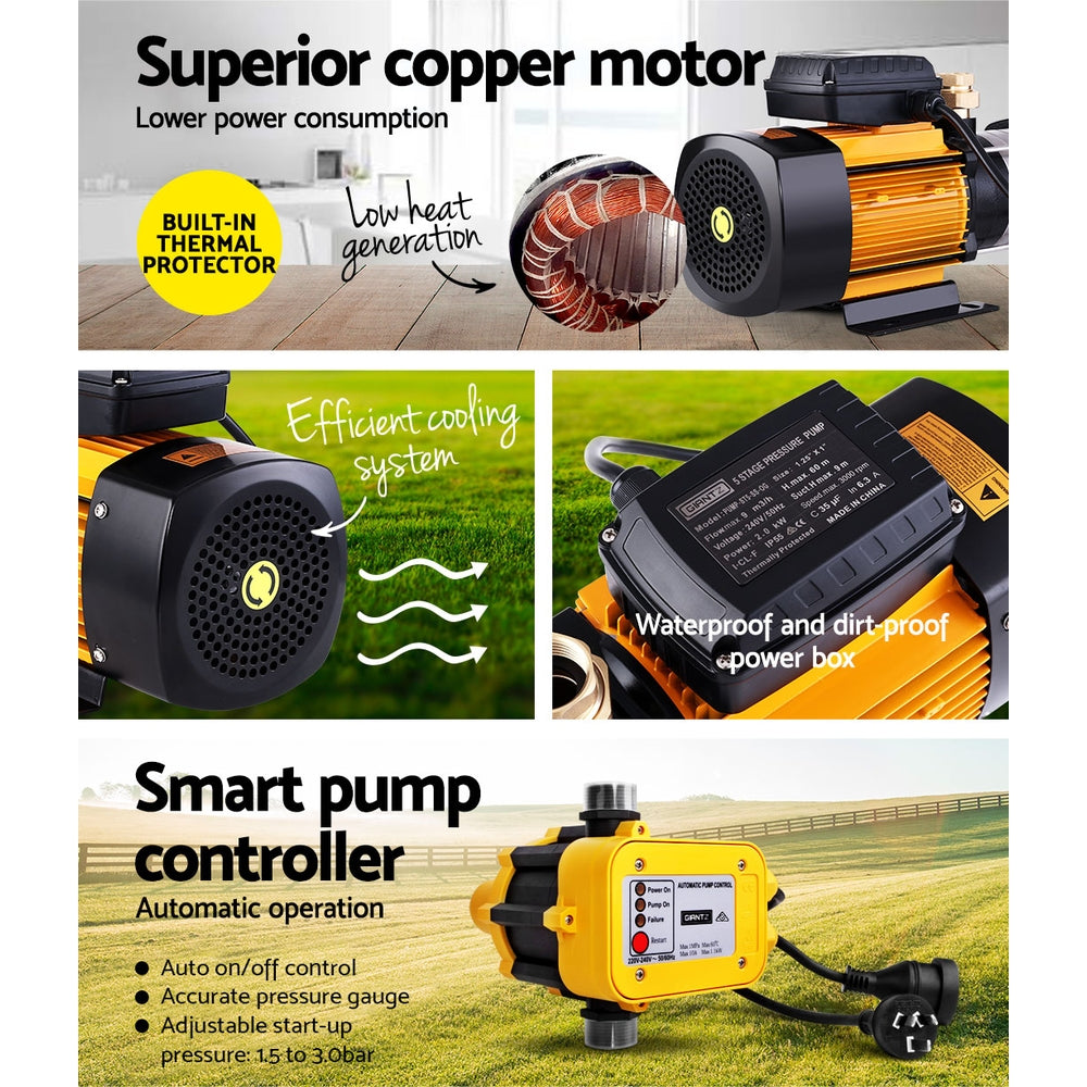 Irrigation Pumps: Giantz Garden Water Pump High Pressure 2000W Max 5 Stage Tank Irrigation Transfer Booster Yellow