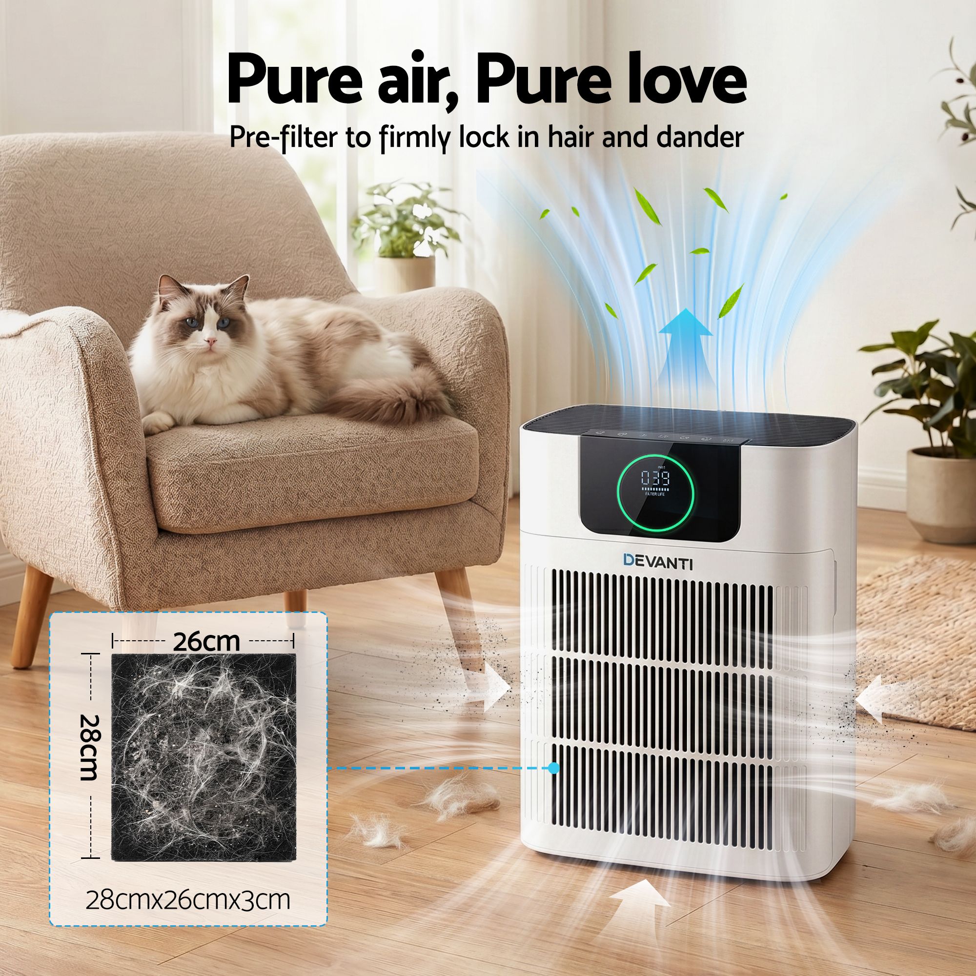 Devanti Pet Air Purifier H12 HEPA Filter Cleaner Replacement Filter White
