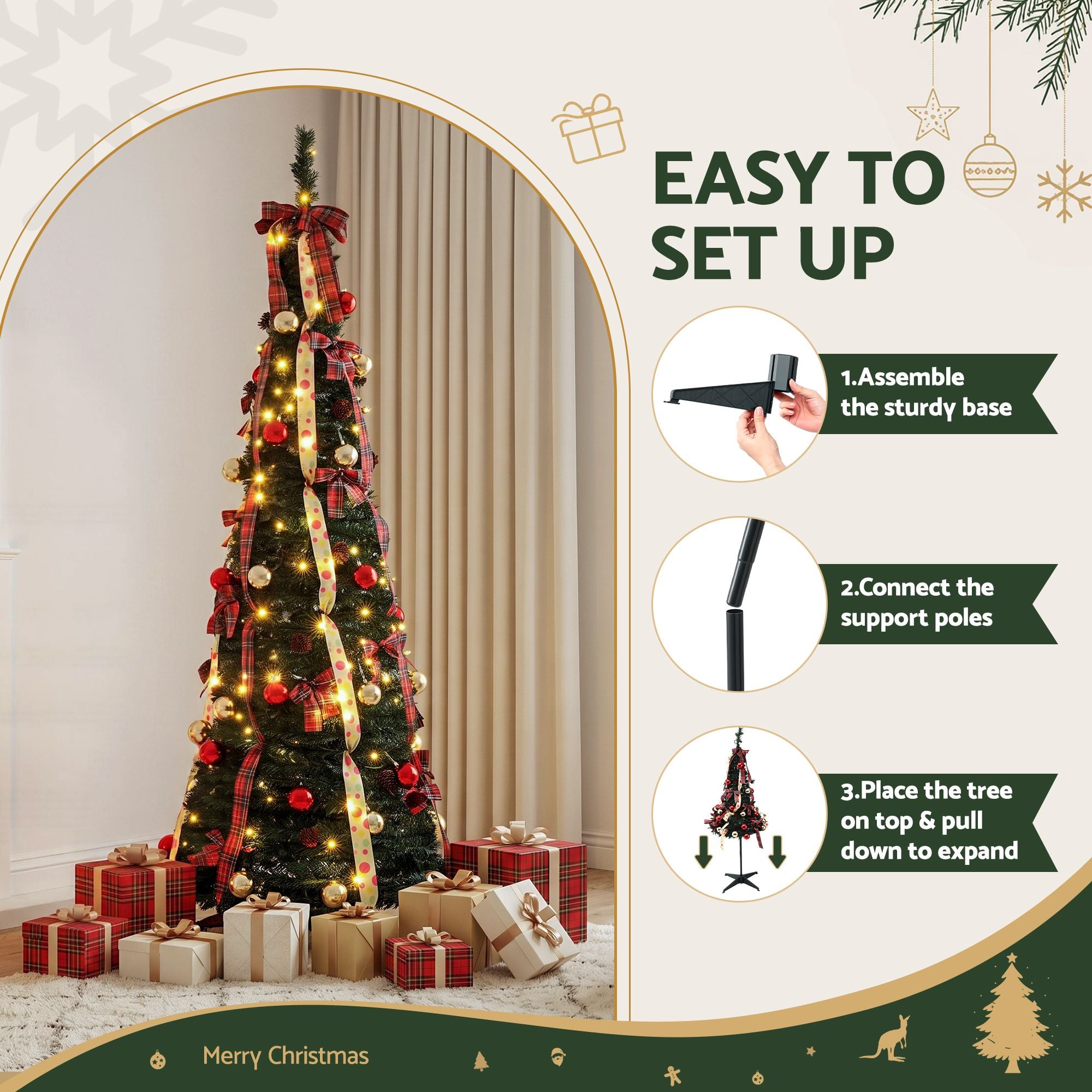 Jingle Jollys Pop Up Christmas Tree Pre Decorated Artificial Christmas Tree 197cm