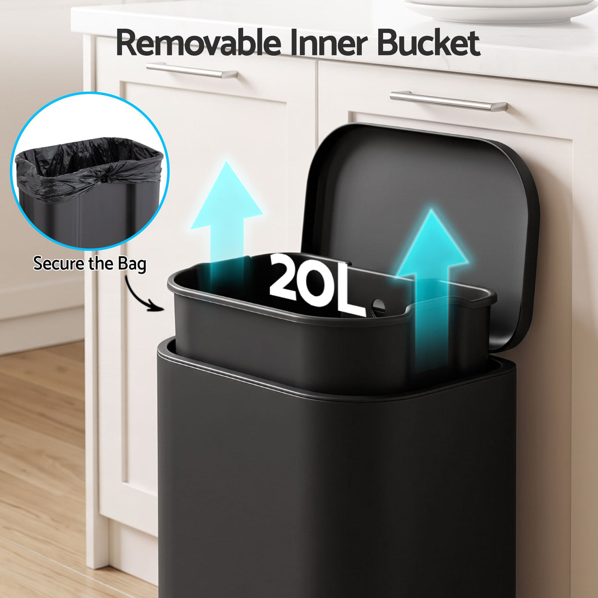 Cefito 20L Trash Bin Steel Pedal Bins Soft Close Kitchen Rubbish Waste Can Black