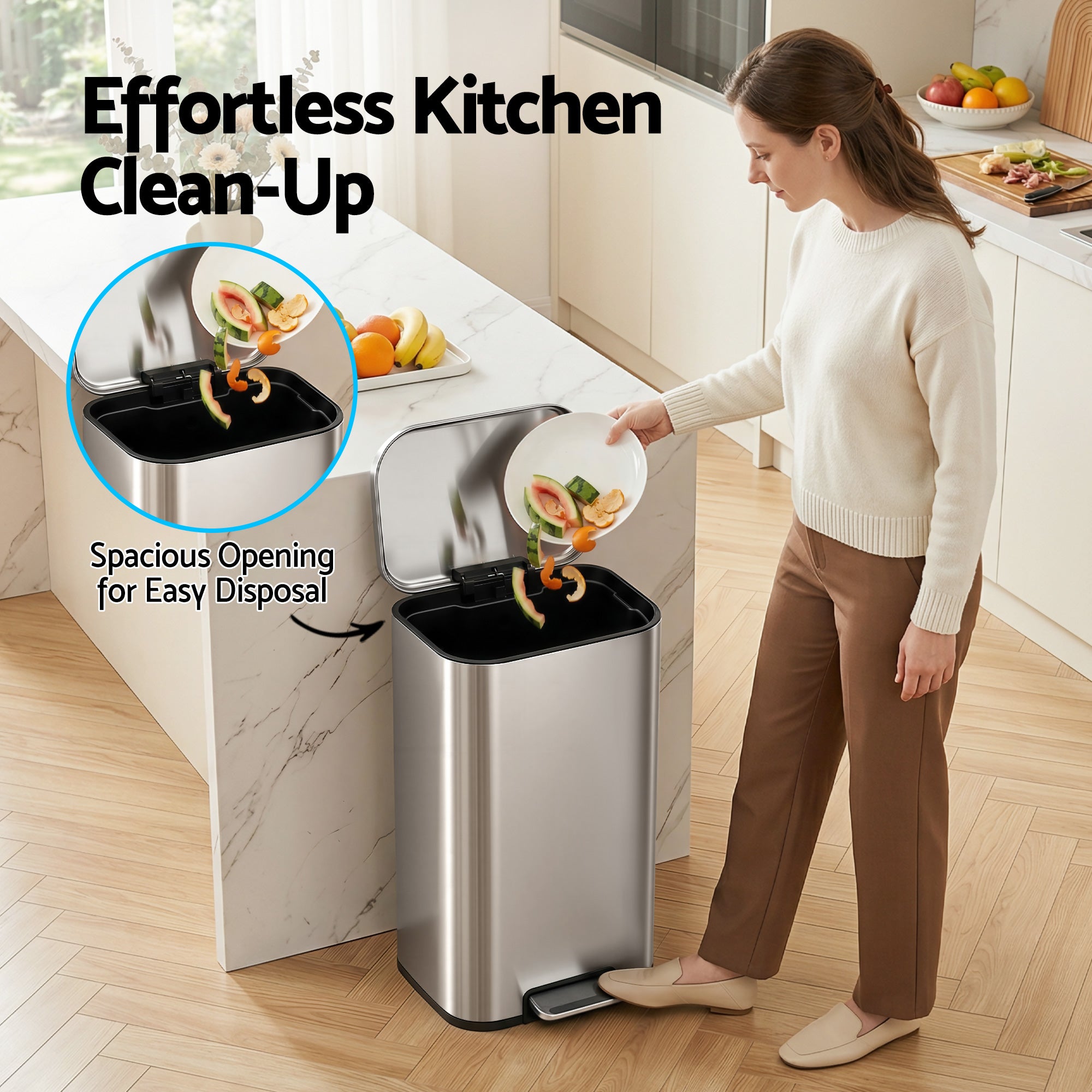Cefito Kitchen Trash Can 40L Pedal Bins Rubbish Bin Steel with Soft Close Lid, Removable Inner Bucket, Rectangular Garbage Can Recycling Bin, Silver