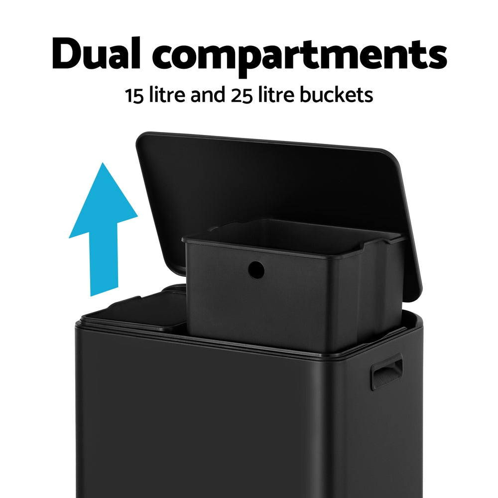 Pedal Bins: Cefito Pedal Bins Rubbish Bin Dual Compartment Waste Recycle Dustbins 40L Black