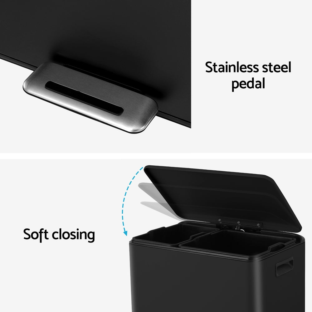 Pedal Bins: Cefito Pedal Bins Rubbish Bin Dual Compartment Waste Recycle Dustbins 40L Black