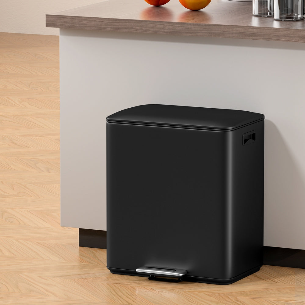 Pedal Bins: Cefito Pedal Bins Rubbish Bin Dual Compartment Waste Recycle Dustbins 40L Black