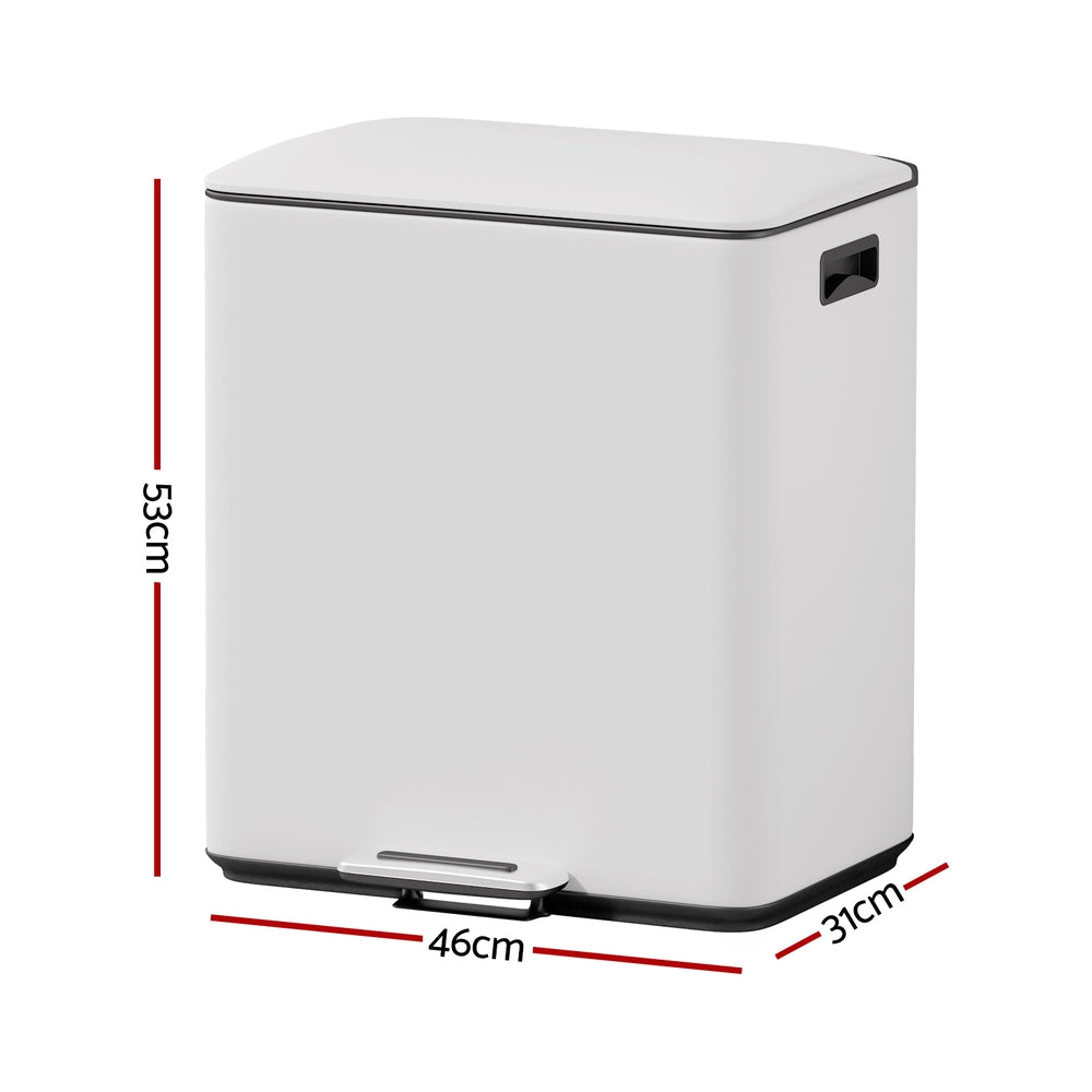 Pedal Bins: Cefito Pedal Bins Rubbish Bin Dual Compartment Waste Recycle Dustbins 40L White