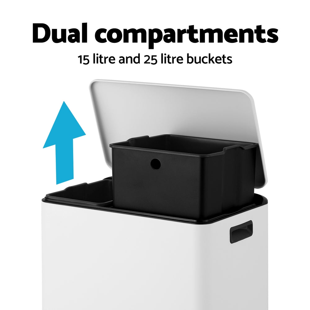 Pedal Bins: Cefito Pedal Bins Rubbish Bin Dual Compartment Waste Recycle Dustbins 40L White