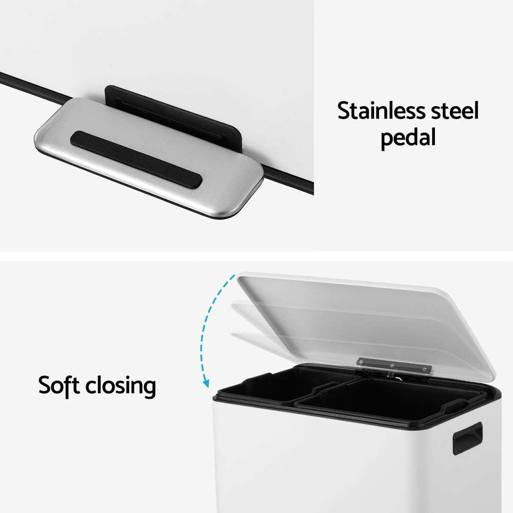 Pedal Bins: Cefito Pedal Bins Rubbish Bin Dual Compartment Waste Recycle Dustbins 40L White