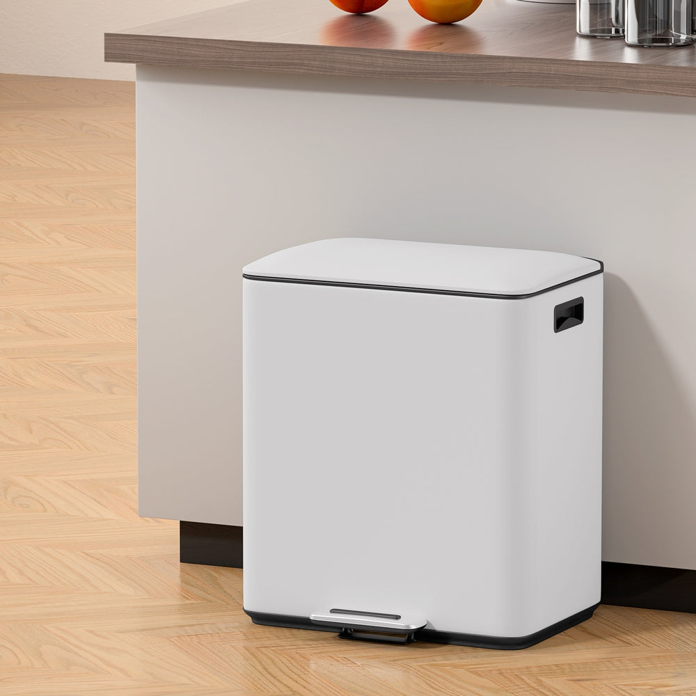 Pedal Bins: Cefito Pedal Bins Rubbish Bin Dual Compartment Waste Recycle Dustbins 40L White