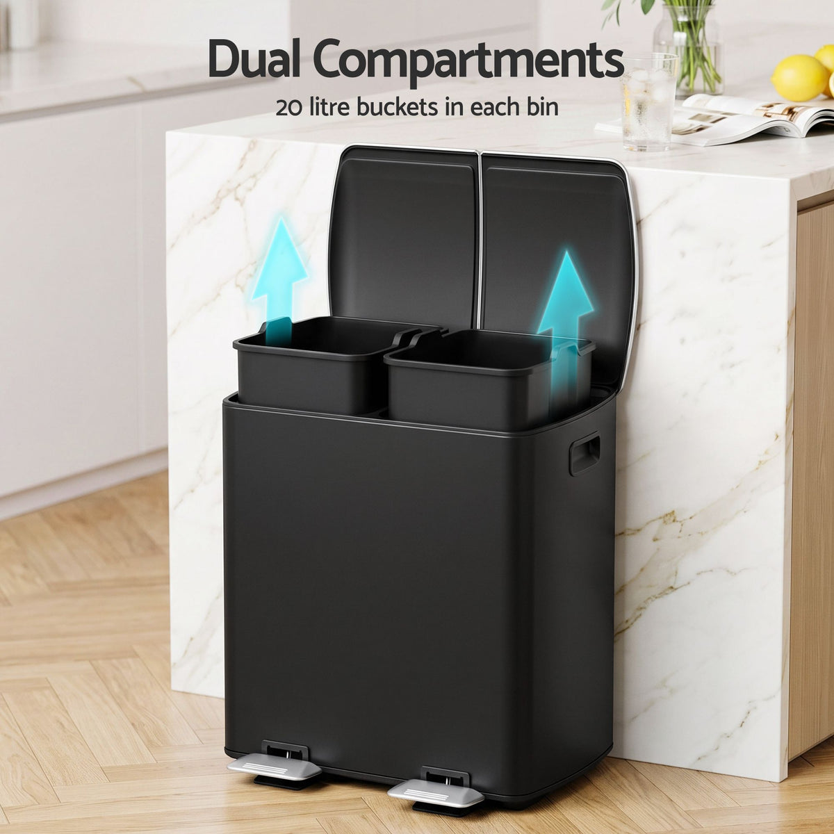 Cefito Pedal Bins Rubbish Bin Dual Compartment Waste Recycle Dustbins 40L Black