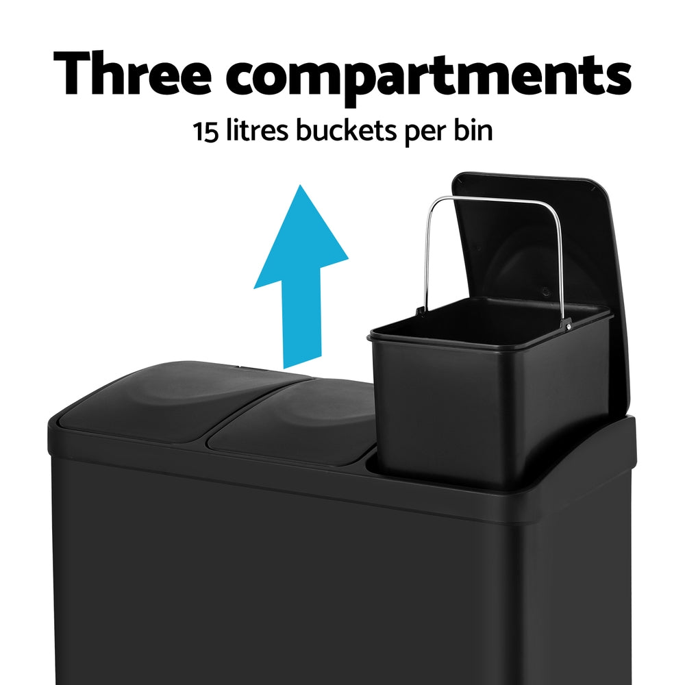 Pedal Bins: Cefito Pedal Bins Rubbish Bin Triple Compartments Waste Recycle Dustbins 45L