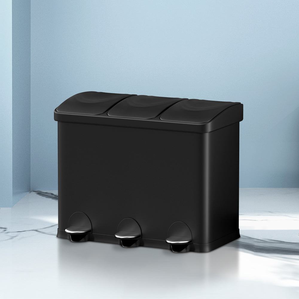Pedal Bins: Cefito Pedal Bins Rubbish Bin Triple Compartments Waste Recycle Dustbins 45L