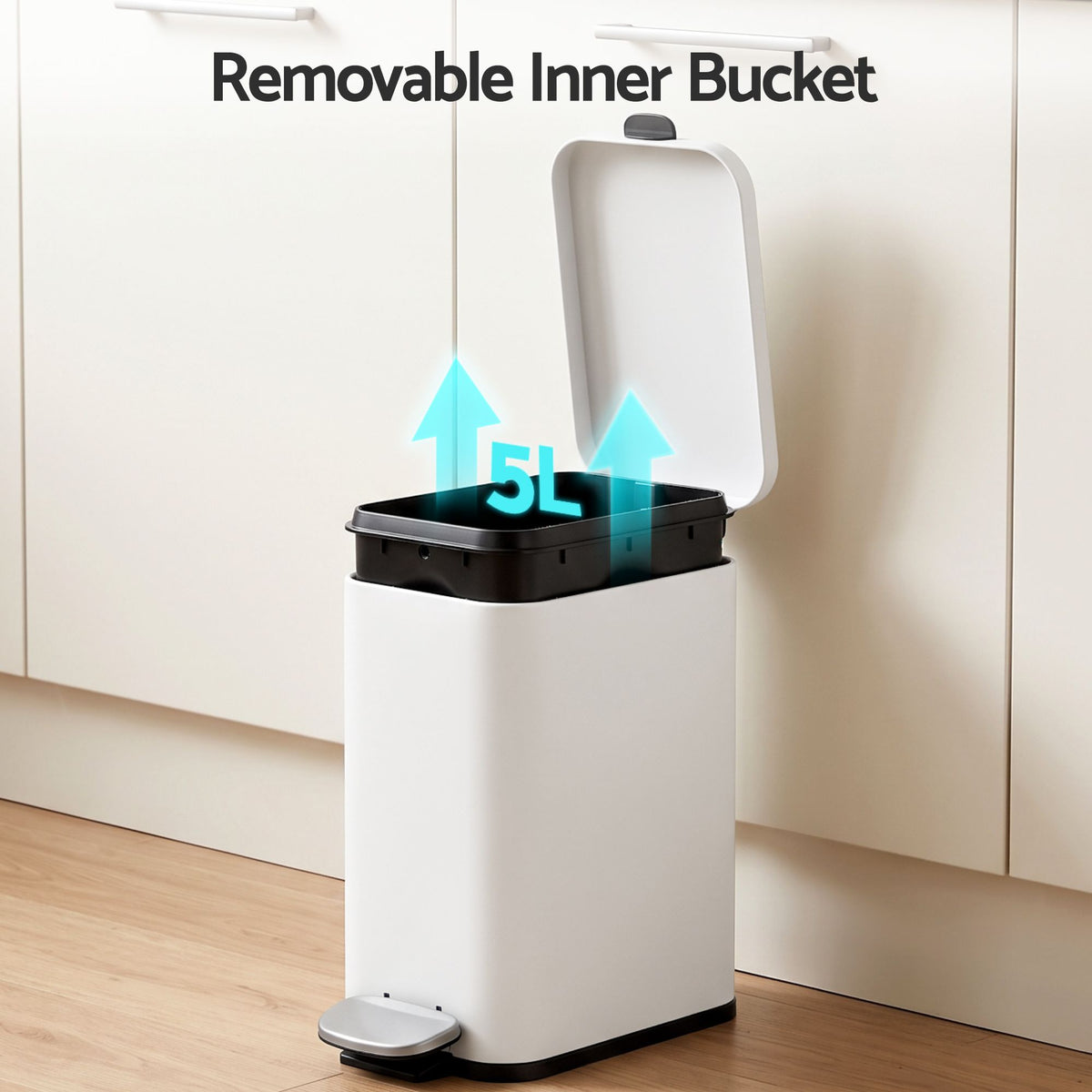 Cefito 5L Pedal Rubbish Bin Carbon Steel Rectangular Trash Can Removable Bucket White