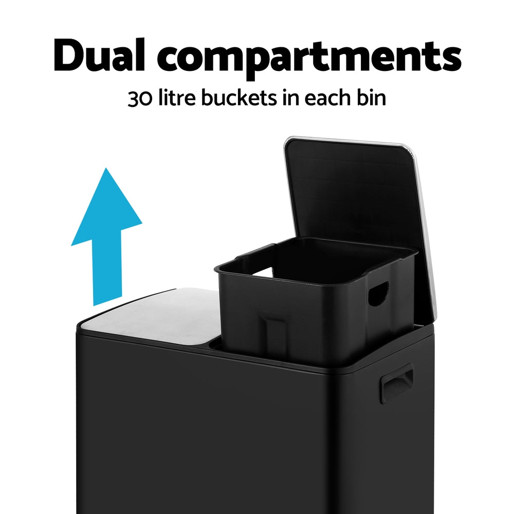 Pedal Bins: Cefito Pedal Bins Rubbish Bin Dual Compartment Waste Recycle Dustbins 60L Black