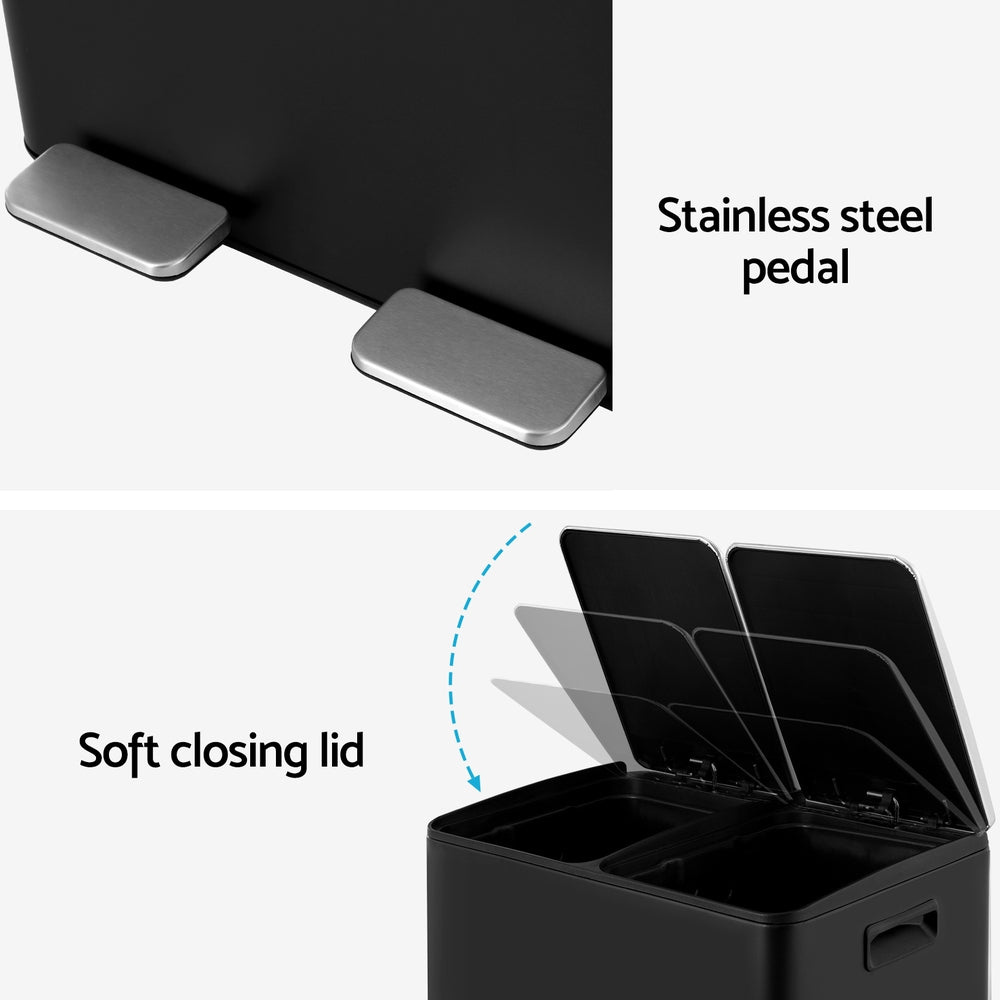Pedal Bins: Cefito Pedal Bins Rubbish Bin Dual Compartment Waste Recycle Dustbins 60L Black