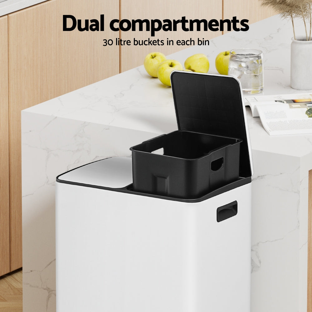 Pedal Bins: Cefito Pedal Bins Rubbish Bin Dual Compartment Waste Recycle Dustbins 60L White
