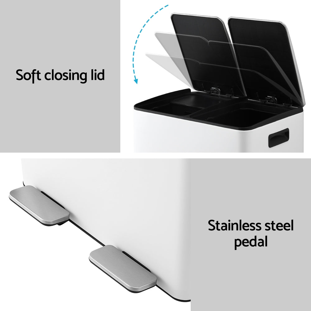 Pedal Bins: Cefito Pedal Bins Rubbish Bin Dual Compartment Waste Recycle Dustbins 60L White