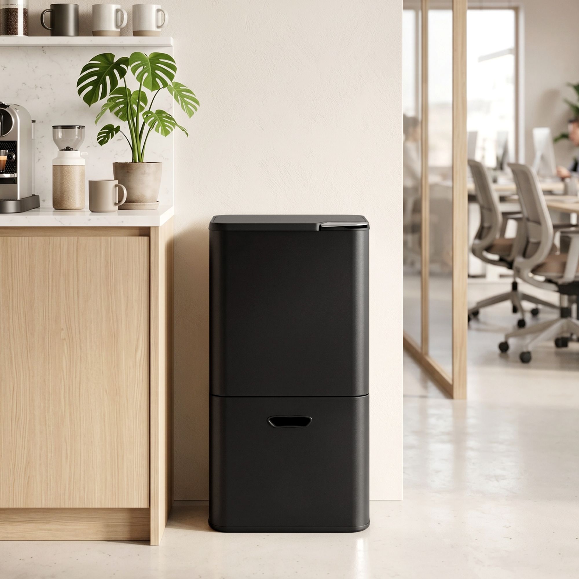 Cefito 63L Rubbish Bin 3 Compartment Carbon Steel Split Door Trash Can Black