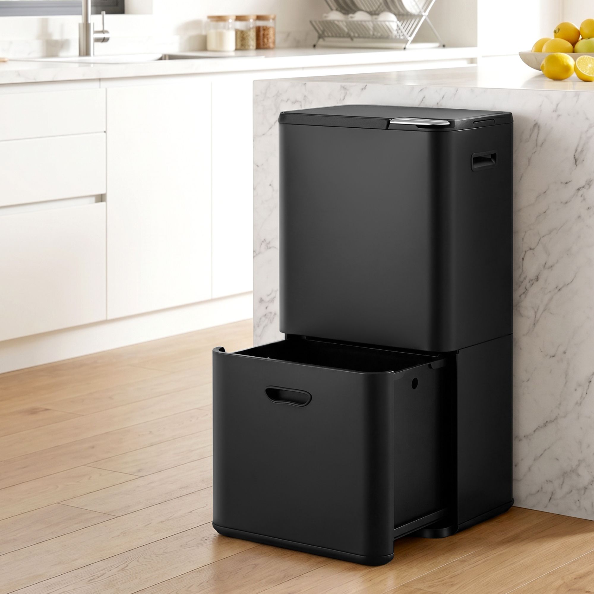 Cefito 63L Rubbish Bin 3 Compartment Carbon Steel Split Door Trash Can Black