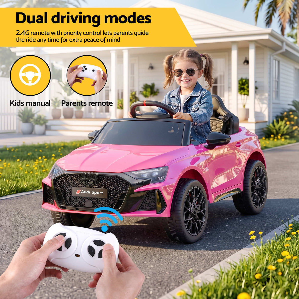 Ride On Car Licensed Audi RS3 Car for Kids 12V Remote Control Pink