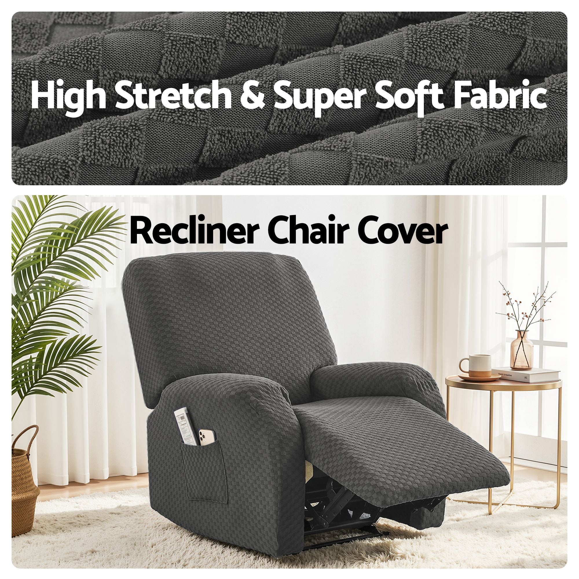 Artiss Recliner Chair Covers with Storage Side Pockets Grey Fabric