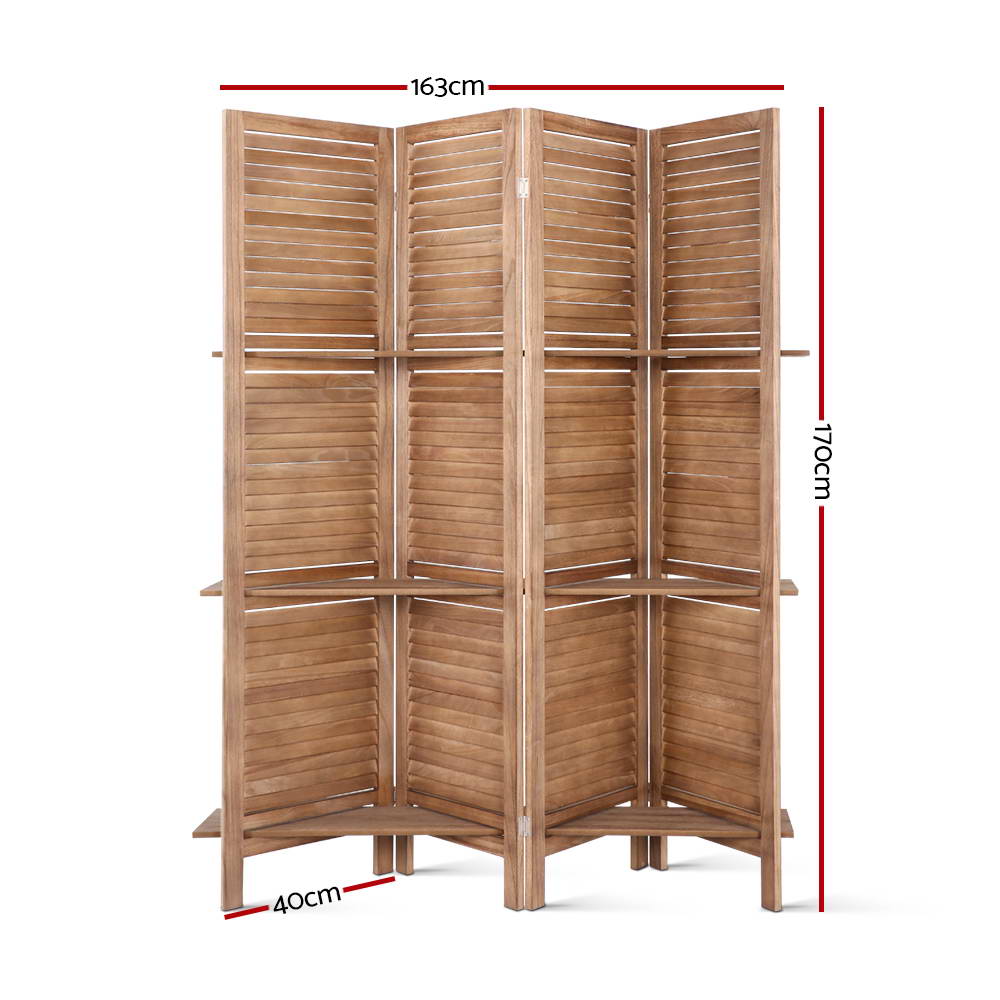 Room Dividers: Artiss 4 Panel Room Divider Screen 163x170cm Shelf Oak