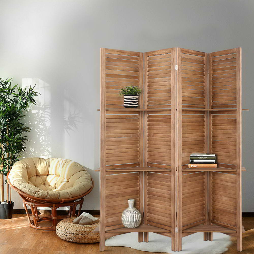 Room Dividers: Artiss 4 Panel Room Divider Screen 163x170cm Shelf Oak