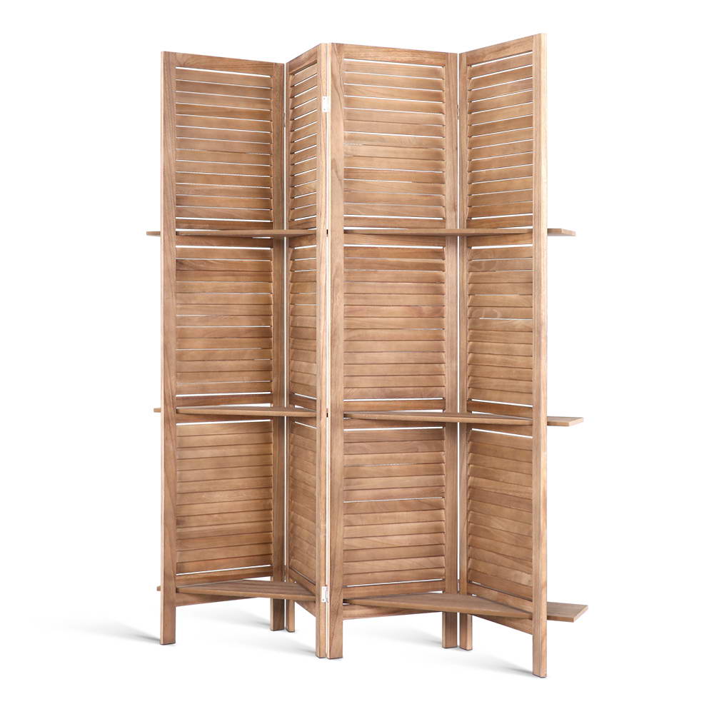 Room Dividers: Artiss 4 Panel Room Divider Screen 163x170cm Shelf Oak