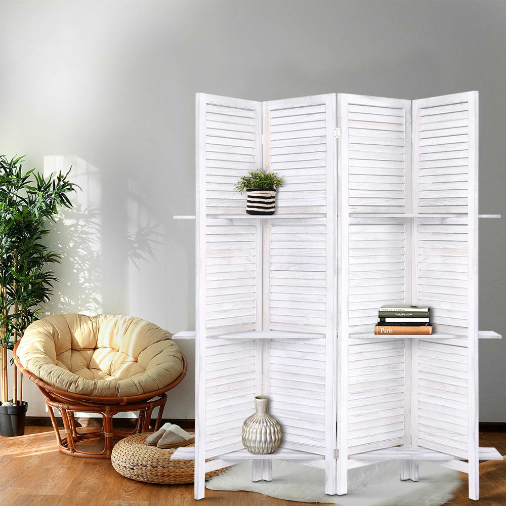 Room Dividers: Artiss 4 Panel Room Divider Screen 163x170cm Shelf White