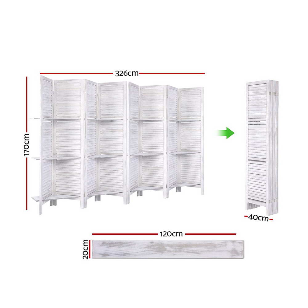 Room Dividers: Artiss 8 Panel Room Divider Screen 326x170cm Shelf White
