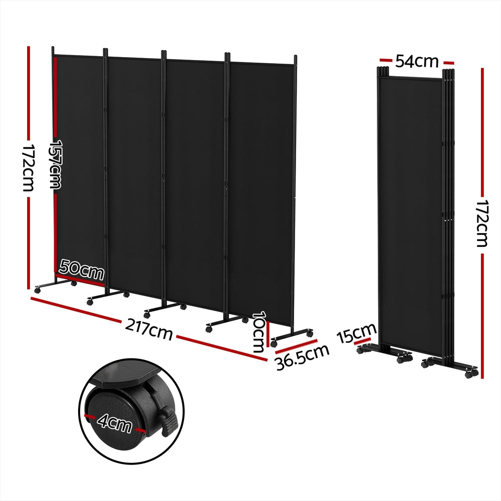 Room Dividers: Artiss 4 Panel Room Divider Screen 217cm Wheel Fabric Black