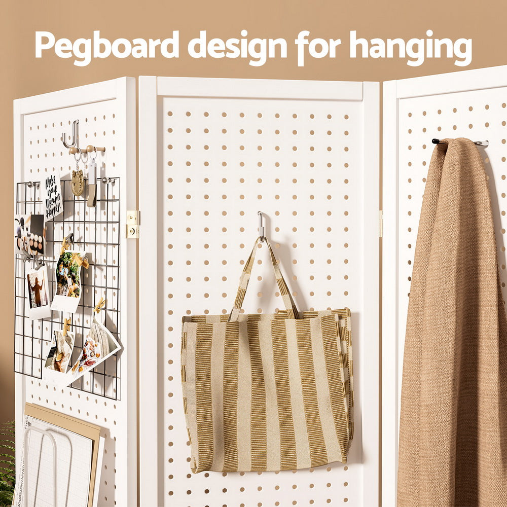 Room Dividers: Artiss 4 Panel Room Divider Screen 164x170cm Pegboard White