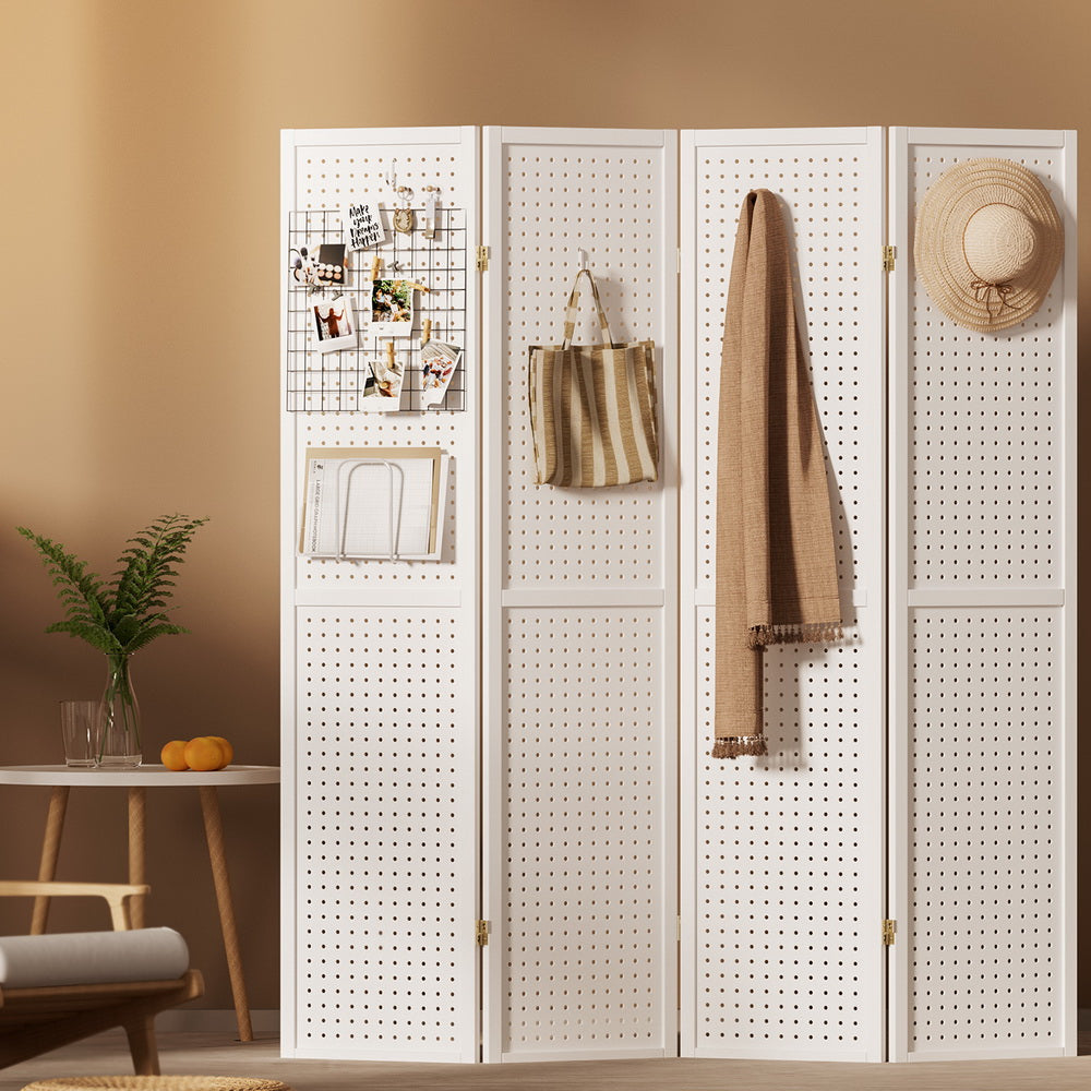 Room Dividers: Artiss 4 Panel Room Divider Screen 164x170cm Pegboard White