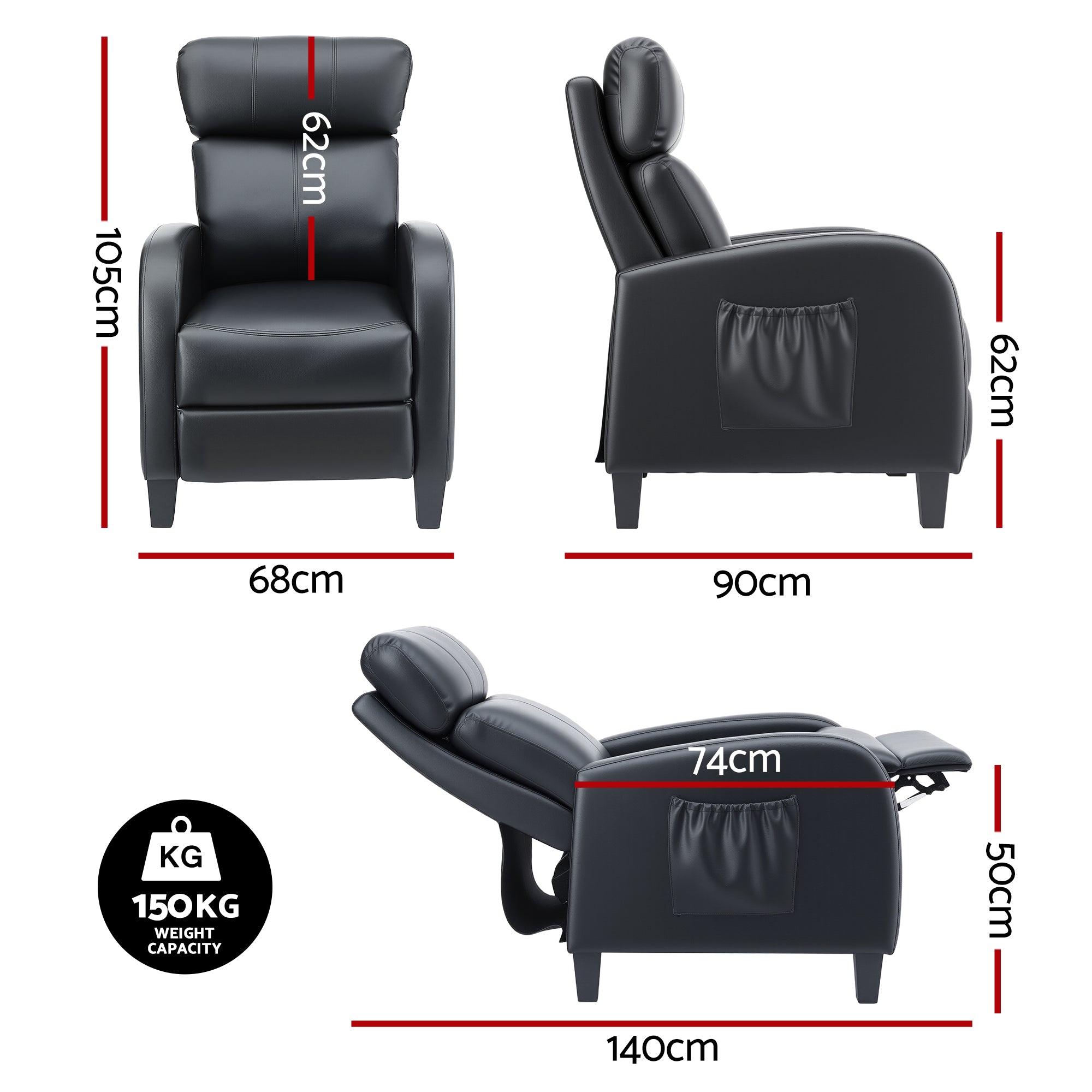 Arm Chairs & Recliners: Artiss Massage Recliner Chair Small Recliner Sofa for Adults PU Leather Black