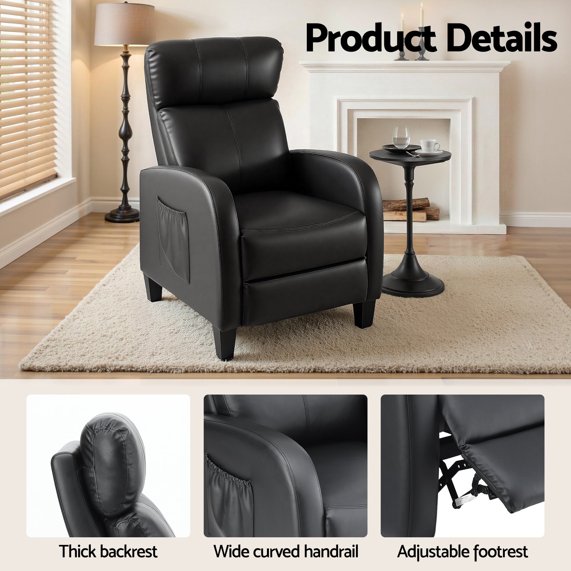 Arm Chairs & Recliners: Artiss Massage Recliner Chair Small Recliner Sofa for Adults PU Leather Black