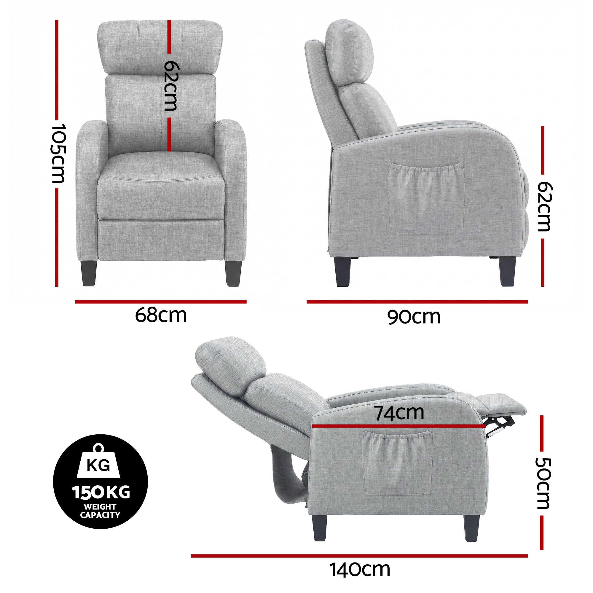 Arm Chairs & Recliners: Artiss Massage Recliner Chair Small Recliner Sofa for Adults Fabric Grey