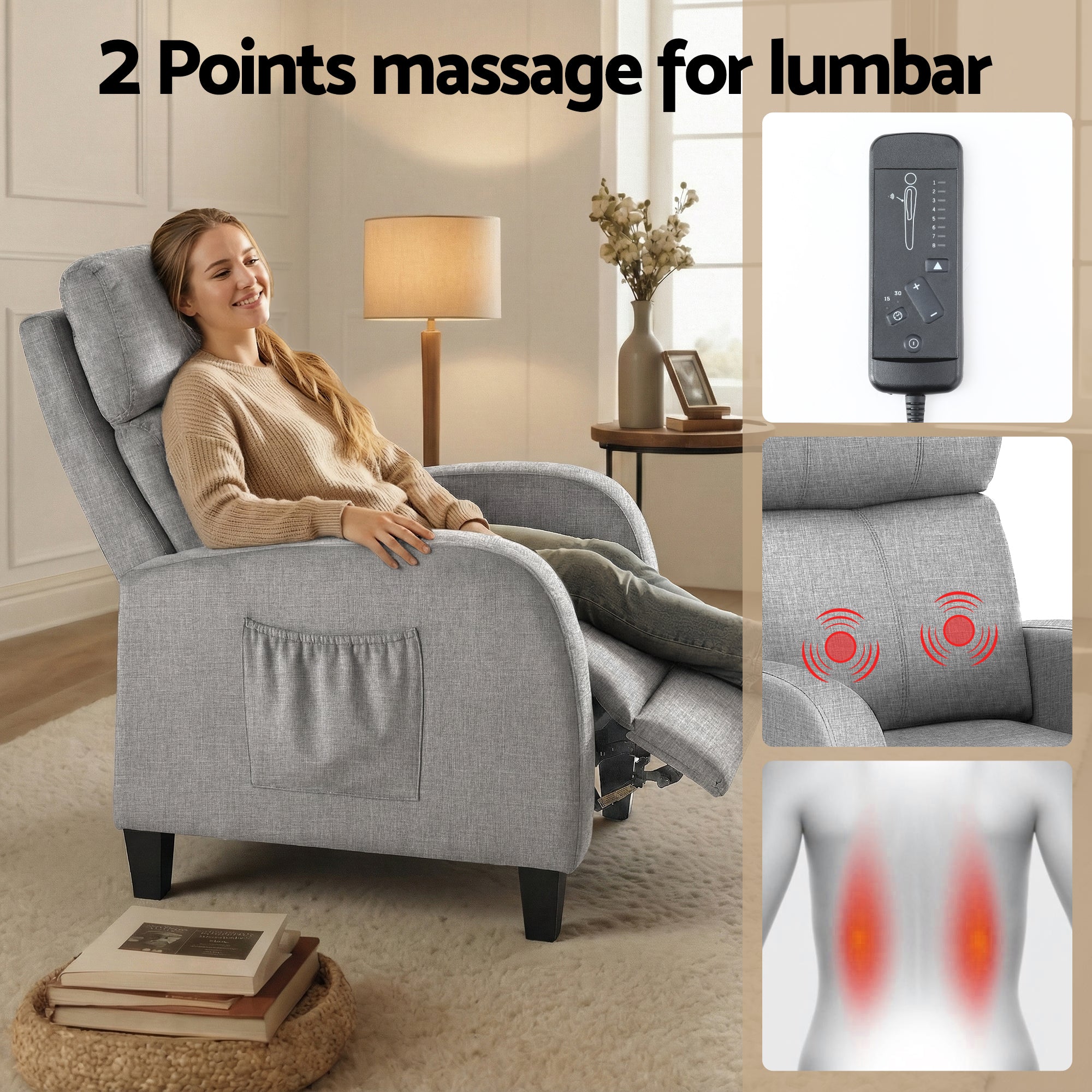 Arm Chairs & Recliners: Artiss Massage Recliner Chair Small Recliner Sofa for Adults Fabric Grey